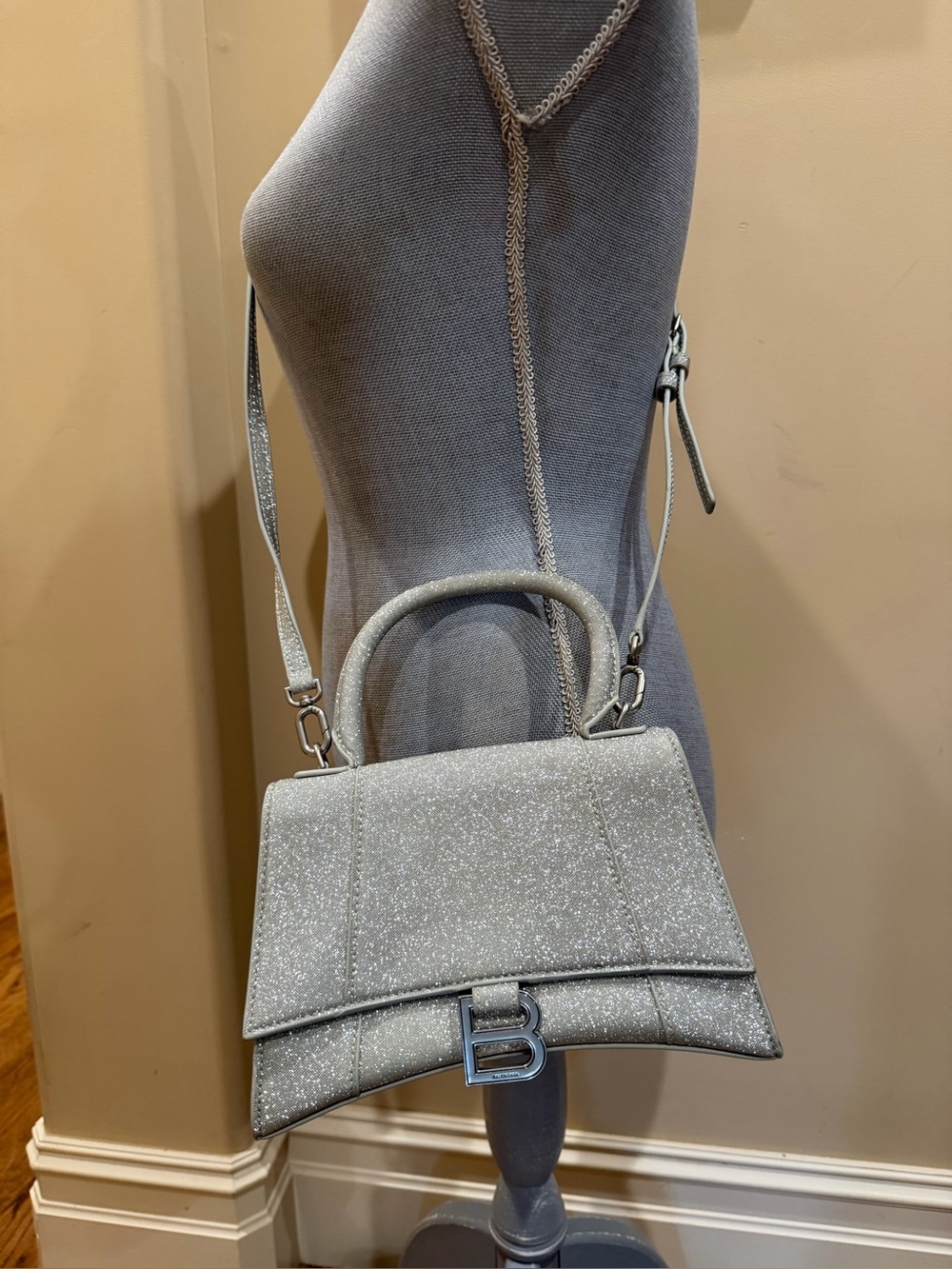 Balenciaga XS Silver Glitter Hourglass Crossbody Handbag